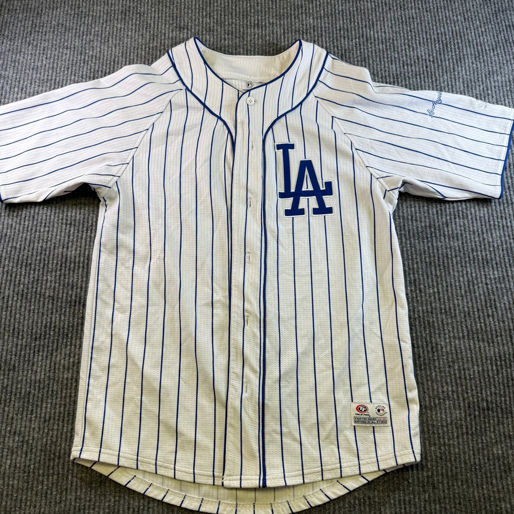 True Fan LA Dodgers MLB Baseball Jersey White Blue Pinstripe Mens Medium